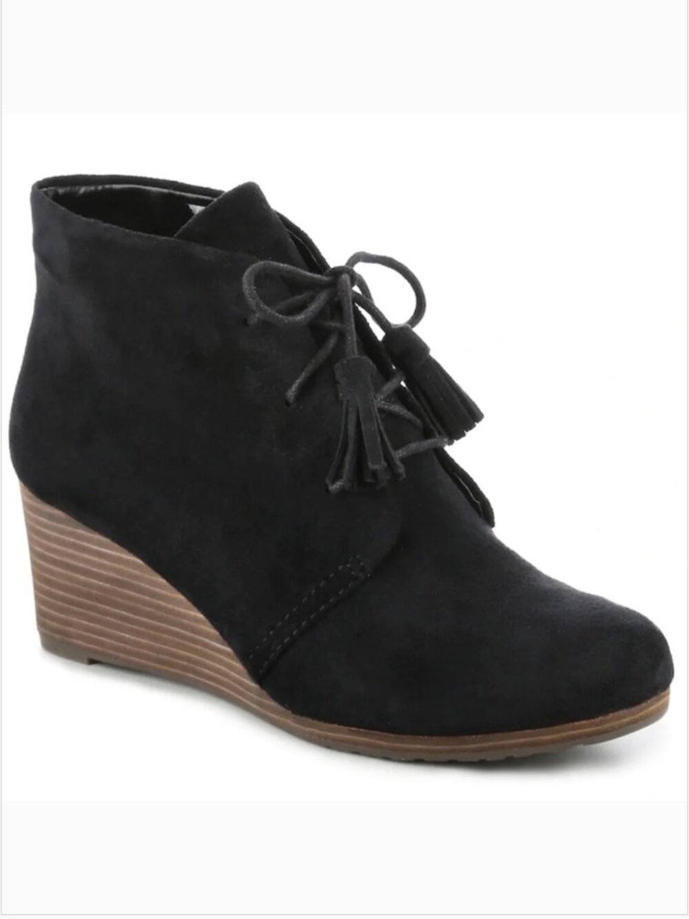 Dr. Scholl’s Black Suede Tassel Wedge Booties Lace Up Ankle Boots Boho Chic